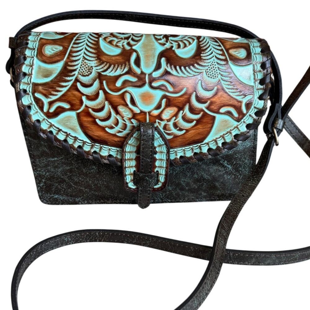 Patricia Nash Lanza Tooled Turquoise Crossbody Bag Vintage Black